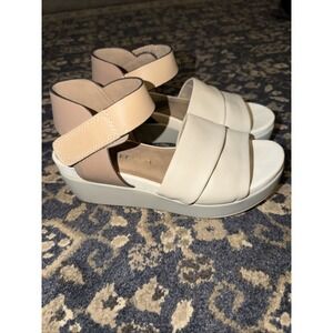 Naked Feet Koda Leather Wedge Sandal Ankle Strap Beige Ivory Size 6.5 Comfort